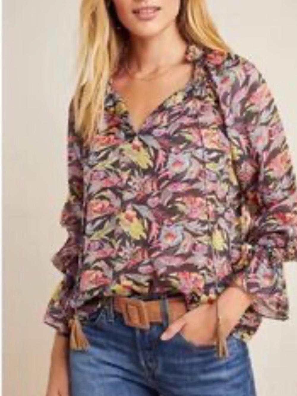 Tanvi Kedia Anthropologie floral blouse long ruffled sleeves tassel tie M